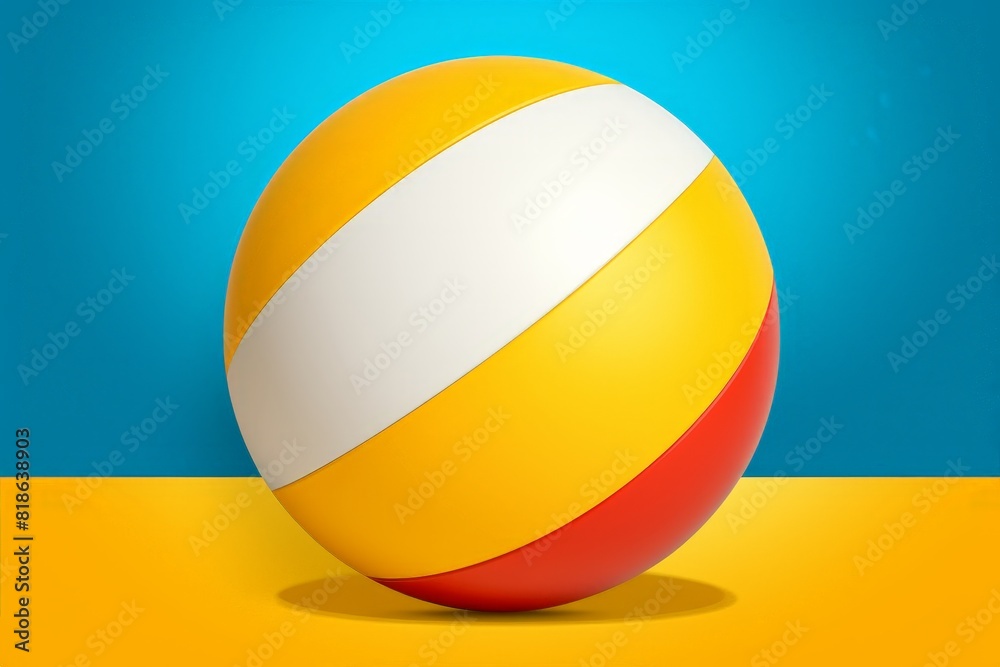 A vibrant, multi-colored beach ball sits against a bold blue and yellow background, evoking a playful summer vibe.