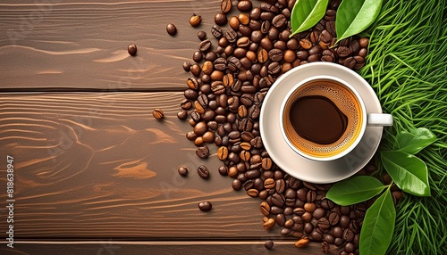 cup of coffee with beans on a brown wooden table 
