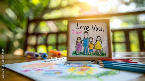 Child's drawing of a family with Love You Dad phrase in a frame on a table. Father's Day banner
