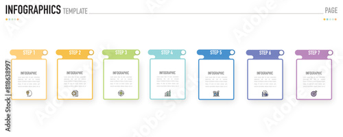 Rectangular infographic template or element with 7 step, process, option, colorful rectangle, icons, triangle, paper origami, button, tag, circle, circular, square bar for sale slide, internet planner