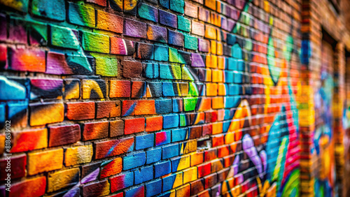 Abstract close-up of graffiti art on a brick wall  with focus on texture and layers of paint 