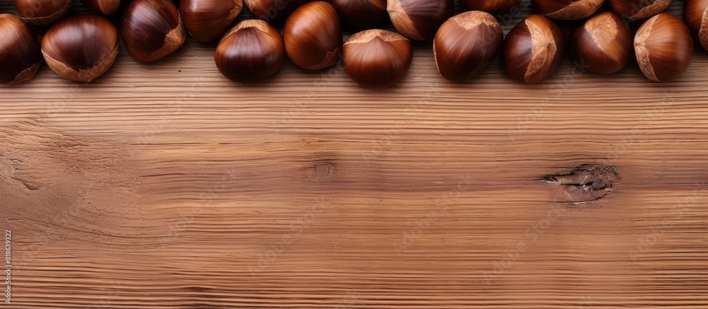 A top down view of roasted chestnuts on a wooden table with a white background providing ample copy space for other elements