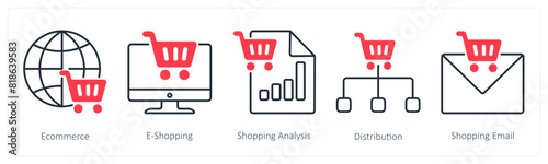A set of 5 Shopping icons as ecommerce, e-shopping, shopping analysis