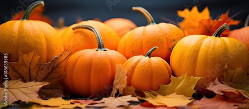 A copy space image of lit pumpkins resting in a bed of colorful autumn leaves