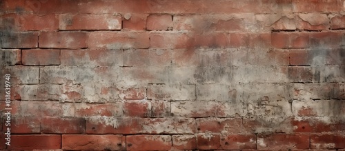 An aged red brick wall with a grungy texture and signs of deterioration providing an intriguing background for copy space images
