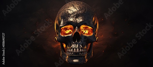 A spooky Halloween skull is depicted against a dark background with plenty of empty space surrounding it in the image. Creative banner. Copyspace image