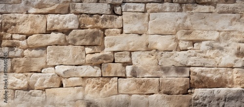 Close up copy space image of a textured medieval stone wall with a rough and sandy surface providing a background for design purposes