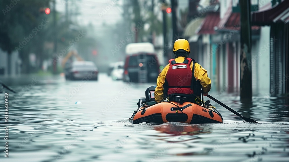 Emergency response teams coordinating efforts during a major flood, rescuing stranded residents and providing relief aid. Emergency response teams coordinating efforts during a major flood, rescuing stranded residents and providing relief aid.