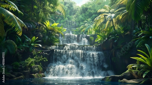 Exploring a hidden waterfall deep in the jungle, with cascading streams and lush vegetation.