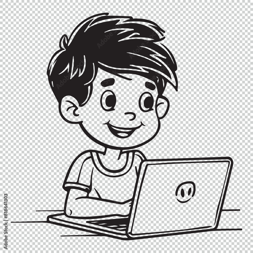 Boy using laptop illustration, black vector design for kids coloring book isolated on transparent background Boy using laptop illustration, black vector design for kids coloring book isolated on transparent background