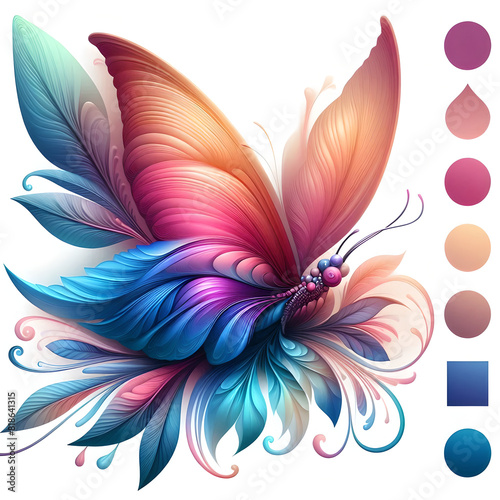 Bright Butterfly of Saturated Colors on Vibrant Leaves Against White Background