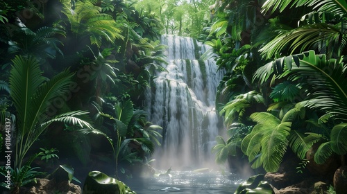 Exploring a hidden waterfall deep in the jungle, with cascading streams and lush vegetation.