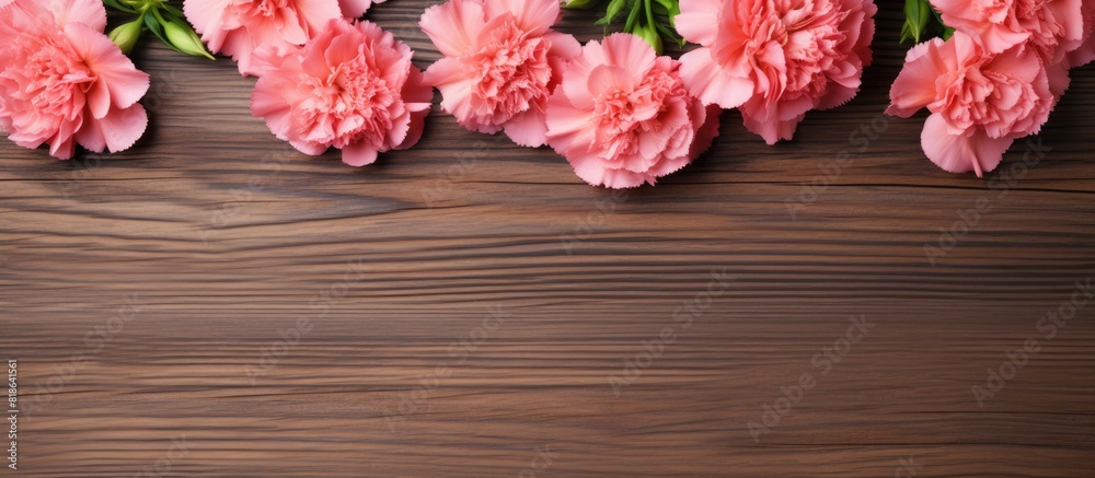 A copy space image featuring beautiful carnation flowers placed on a rustic wooden table A copy space image featuring beautiful carnation flowers placed on a rustic wooden table