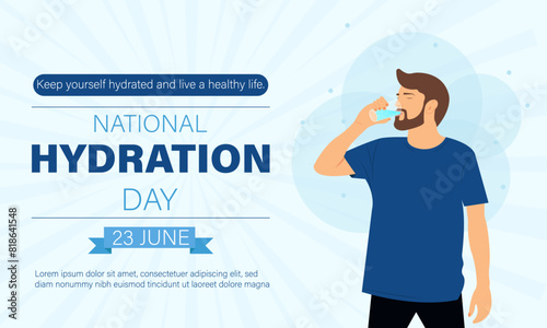 Health concept banner design, national hydration day horizontal template design, man drinking water from a glass flat vector illustration.