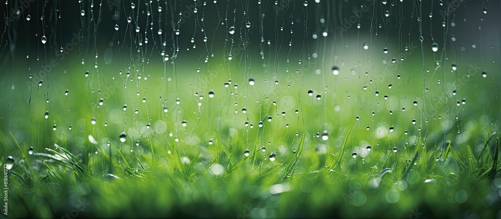 A copy space image of raindrops clinging to a metallic soccer goal amidst a gray grid set against a lush green meadow