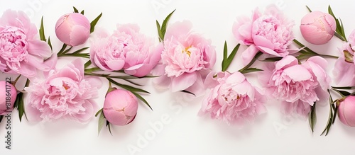 A top down view reveals lovely pink peonies set against a pristine white background creating a copy space image