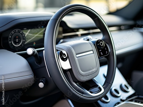 Close-up of a modern car interior showcasing the steering wheel and dashboard with a digital display. The sleek design and advanced technology highlight luxury and innovation in automotive design. © cherezoff