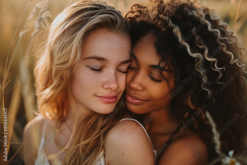 A couple of lesbian women, one afro with curly brown hair and the other blonde Caucasian, in the middle of the field under the sunlight showing affection, love and complicity