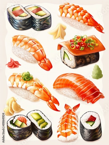 presentaciÃ³n cenital de sushi, comida asiÃ¡tica aislada, sushi fondo blanco, restaurante de lujo comida japonesa photo