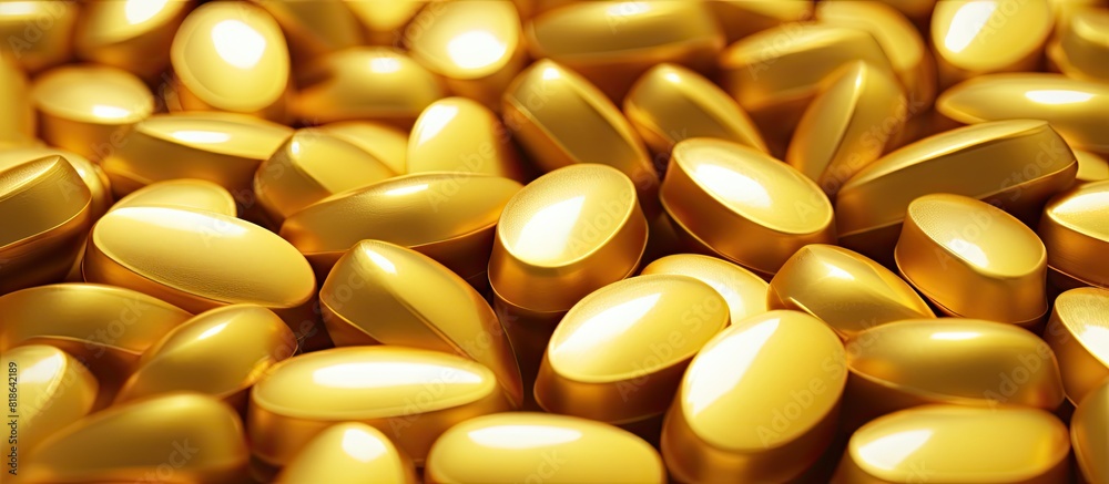 Golden heart shaped pills with ample copy space for text Golden heart shaped pills with ample copy space for text