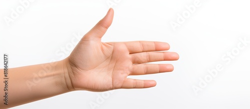 A female hand displaying hand gestures in a copy space image against a white background