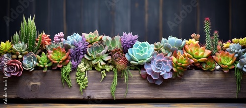 Rustic wooden backdrop with a variety of succulents creates a charming copy space image