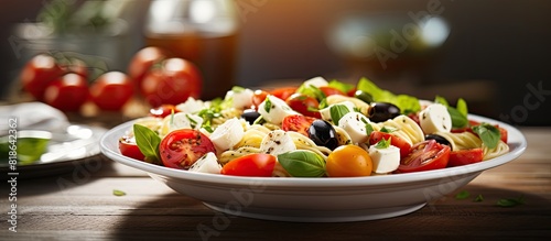 Italian food background with a copy space image featuring a pasta salad adorned with mozzarella olives and tomatoes