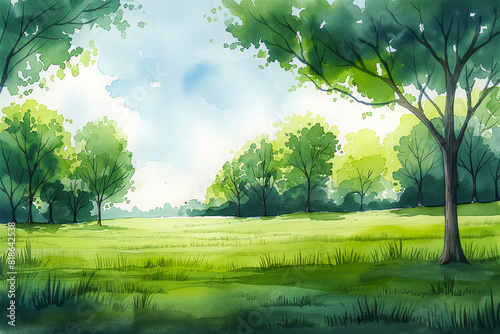 Watercolor illustration painting landscape with trees green field and sky. Nature background.