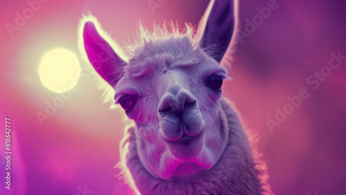 The enchanting alpaca's portrait, digitally airbrushed, features a pink and purple background with bright moonlight. Selective focus. Copy space , place for text. Generative AI.