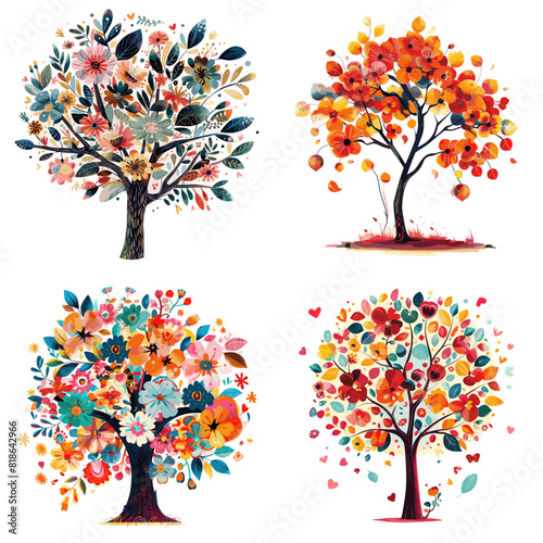 A collection of four bright colorful flower tree paintings