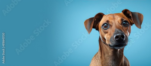 A dog portrait on a plain blue backdrop providing ample copy space for other elements in the image