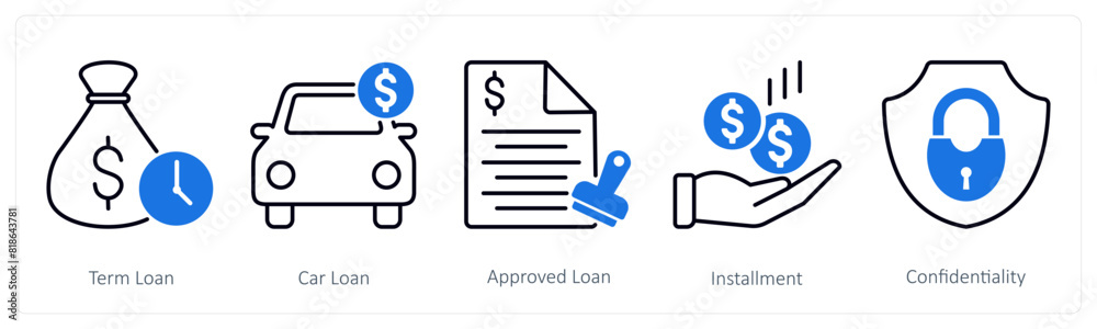 A set of 5 Banking icons as term loan, car loan, approved loan A set of 5 Banking icons as term loan, car loan, approved loan