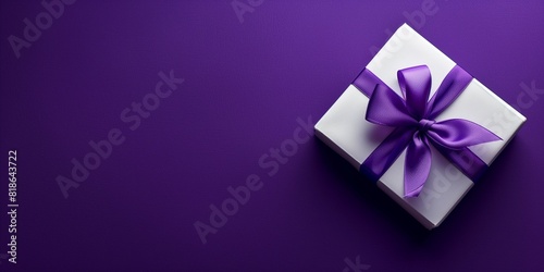 White gift box with ribbon on purple background with copy space.