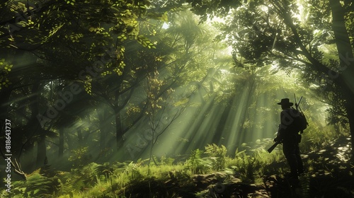 Sunlight filtering through the canopy, casting dappled shadows as a hunter patiently waits for the perfect shot.