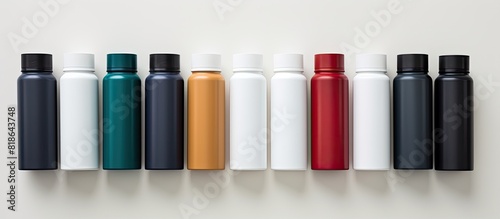 A variety of deodorant bottles neatly arranged on a white table with plenty of blank space for adding text. Creative banner. Copyspace image