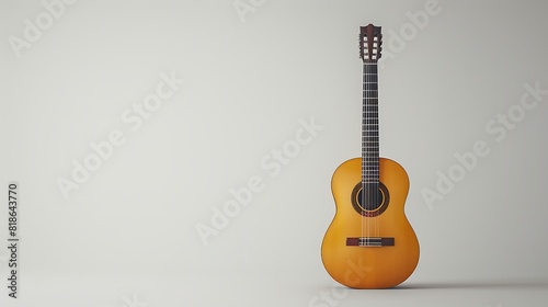 Classic acoustic guitar standing alone against a clean white backdrop, a timeless melody awaiting.