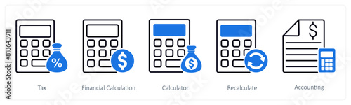 A set of 5 Banking icons as tax, financial calculation, calculator