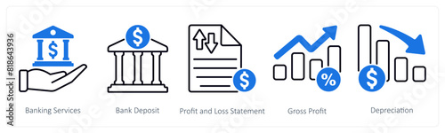 A set of 5 Banking icons as banking services, bank deposit, profit and loss statement