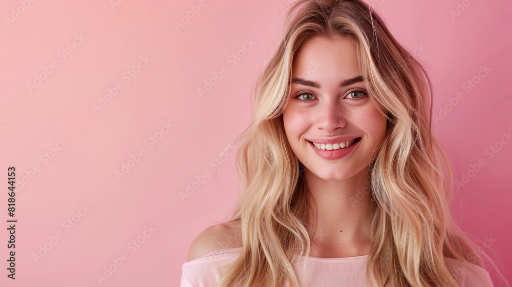 A woman with blonde hair and a pink shirt. Smiling young woman with blonde long groomed hair isolated on pastel flat background with copy space. Blonde hair care products banner template, hair salon A woman with blonde hair and a pink shirt. Smiling young woman with blonde long groomed hair isolated on pastel flat background with copy space. Blonde hair care products banner template, hair salon