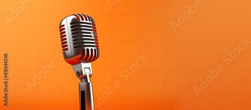 A modern microphone on an orange background with ample copy space for text or images