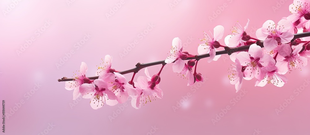 A branch adorned with pink blooming flowers set against a delicate pink backdrop with twinkling sparkle Ample room for text or images