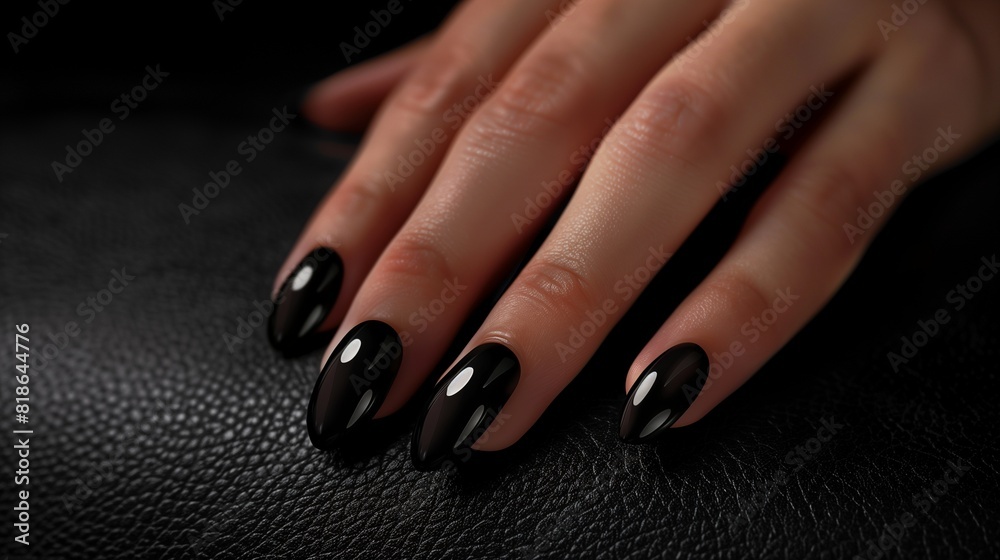 The timeless elegance of a white woman's hand, featuring classic black nail polish, against a smooth black surface, embodying sophistication and charm.
