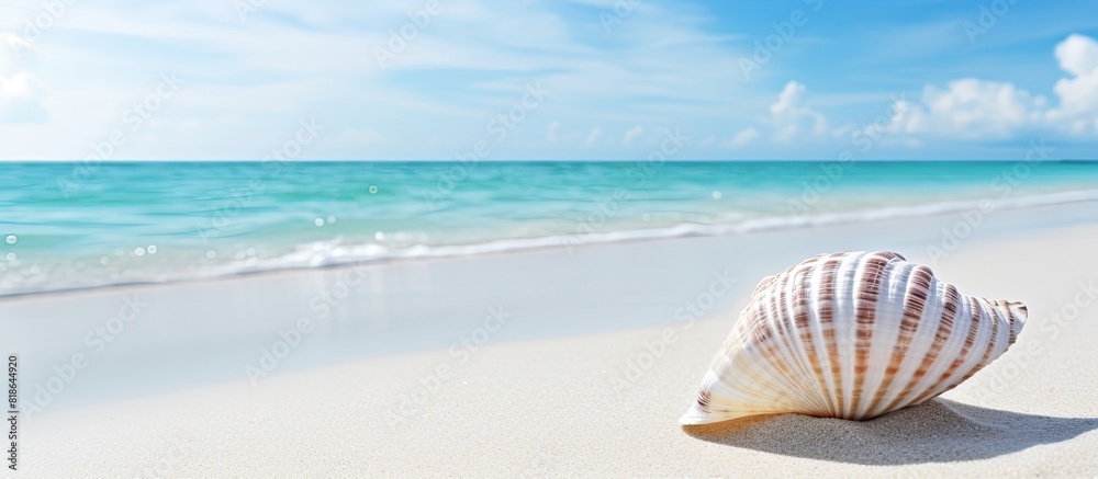 A seashell can be found on the white sand of a tropical beach with the clear turquoise sea in the background copy space image A seashell can be found on the white sand of a tropical beach with the clear turquoise sea in the background copy space image