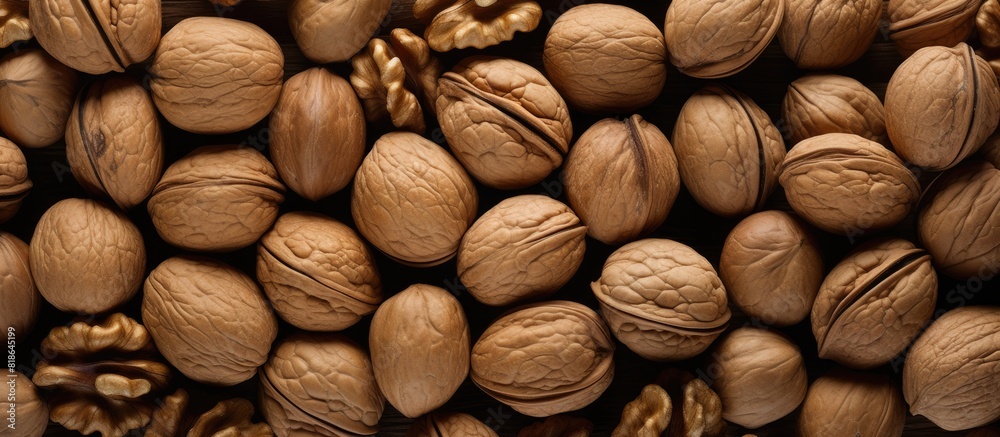 A visually appealing copy space image showcasing a pile of fresh crispy brown walnuts arranged on a surface as viewed from above A visually appealing copy space image showcasing a pile of fresh crispy brown walnuts arranged on a surface as viewed from above