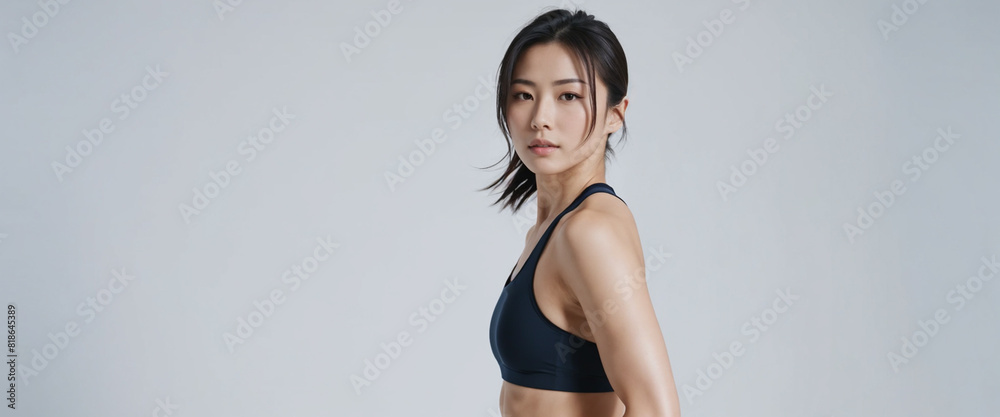 Obraz premium Young fit asian sexy woman standing isolated on a gray background. Studio portrait of a healthy muscular female.