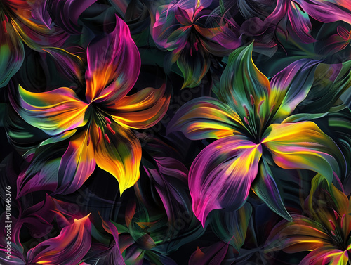 Vibrant flowers with a black backdrop  reminiscent of digital art. 