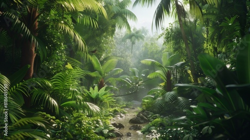 Trekking through a dense tropical rainforest  with exotic birds and lush vegetation.