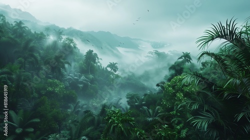 Trekking through a misty cloud forest, with exotic birds calling from the treetops. photo