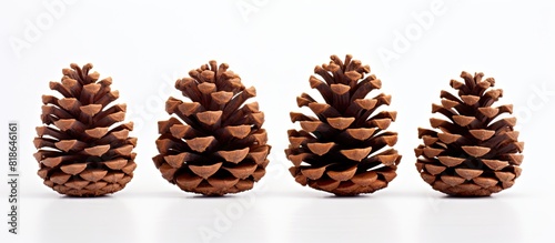 A front view copy space image of three isolated pinecones each displaying a rich brown color set against a pure white background