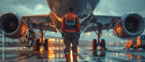 Airport ground crew member in safety gear standing under aircraft at twilight, reflecting wet runway. Concept of aviation and logistics.